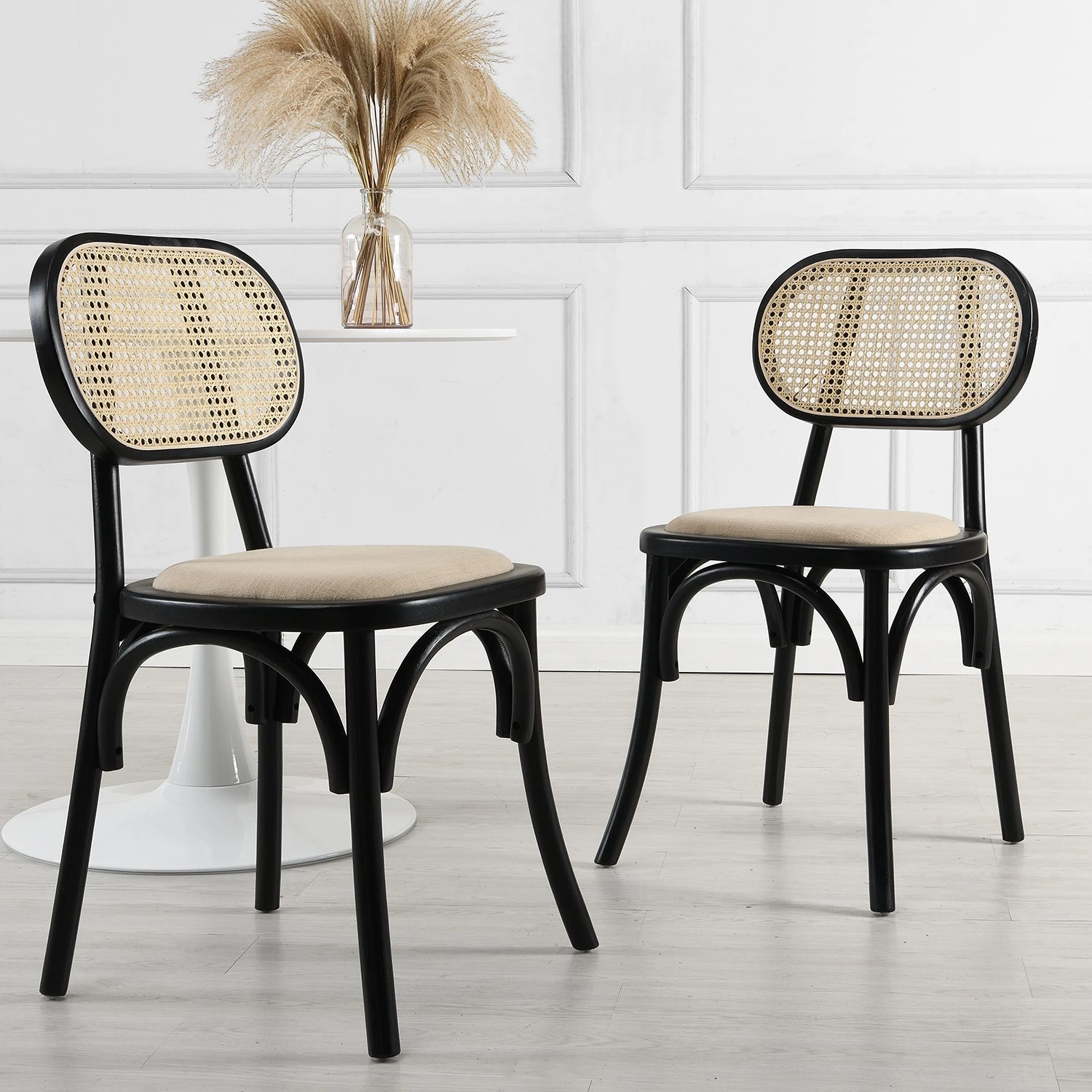 Anya Set Of 2 Cane Rattan And Upholstered Dining Chairs, Black Colour 1 Anya Set Of 2 Cane Rattan And Upholstered Dining Chairs, Black Colour
