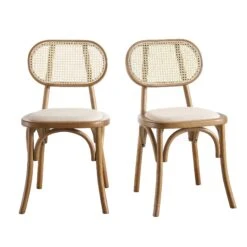 Anya Set of 2 Light Walnut Solid Elm Wood Dining Chairs with Cane Rattan Back and Upholstered Seat -Daals Store XN 1964 LIGHTWALNUT 2P WB1