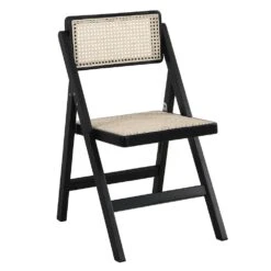 Frances Set of 2 Black Beech Wood & Natural Cane Rattan Folding Dining Chairs – Mid-Century Modern Design -Daals Store XN 2054 BLACK 2P WB2