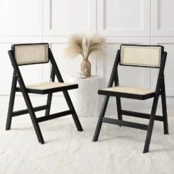 Frances Set Of 2 Folding Cane Rattan Chairs, Black Colour
