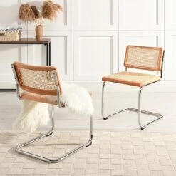 Cosenza Pair Of 2 Dining Chairs, Cane & Chrome (Natural)