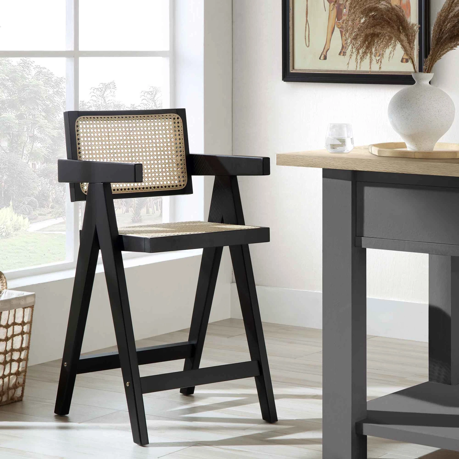 Jeanne Black Solid Beech Wood & Hand-Woven Cane Rattan Counter Stool - 65cm Mid-Century Kitchen Stool 1 Jeanne Black Solid Beech Wood & Hand-Woven Cane Rattan Counter Stool - 65cm Mid-Century Kitchen Stool