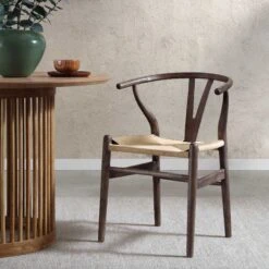 Hansel Wooden Natural Weave Dining Chair, Dark Walnut Colour Frame