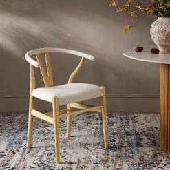 Hansel Upholstered Padded Dining Chair, Beige Fabric And Natural Frame