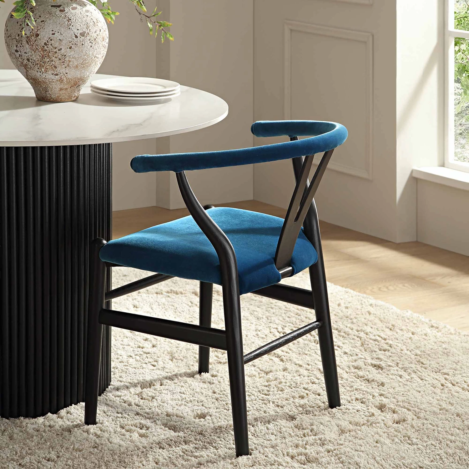 Hansel Upholstered Padded Dining Chair, Blue Velvet And Black Frame 3 Hansel Upholstered Padded Dining Chair, Blue Velvet And Black Frame - Image 3