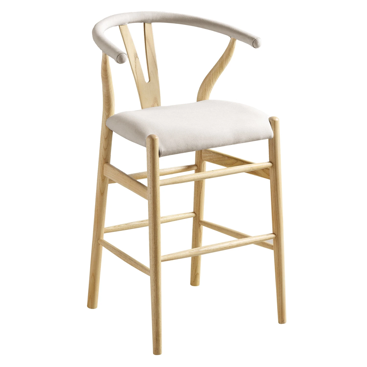 Hansel Natural Elm Wood Counter Stool β Beige Fabric with Wishbone Y-Back Design 2 Hansel Natural Elm Wood Counter Stool β Beige Fabric with Wishbone Y-Back Design - Image 2