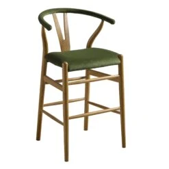 Hansel Moss Green Velvet & Light Walnut – Wishbone Style Y-Back Counter Stool -Daals Store XN R152 GREENVEL WALN WB2