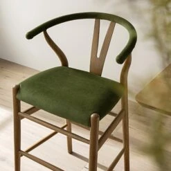 Hansel Moss Green Velvet & Light Walnut – Wishbone Style Y-Back Counter Stool -Daals Store XN R152 GREENVEL WALN scene2