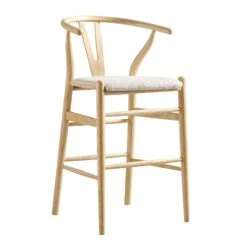 Hansel Solid Elm Wood Counter Stool - Ivory White Boucle Upholstery & Natural Frame Y-Back Design -Daals Store XN R152 NAT BEIGEBOUCLE WB2