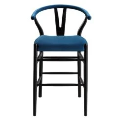 Hansel Navy Blue Velvet & Black Solid Elm Wood Y-Back Counter Stool -Daals Store XN R152 NAVYVEL BLACK WB1