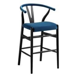 Hansel Navy Blue Velvet & Black Solid Elm Wood Y-Back Counter Stool -Daals Store XN R152 NAVYVEL BLACK WB2