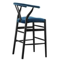 Hansel Navy Blue Velvet & Black Solid Elm Wood Y-Back Counter Stool -Daals Store XN R152 NAVYVEL BLACK WB4