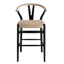 Hansel Taupe Velvet and Black Solid Elm Wood Y-Back Counter Stool - 65cm Seat Height