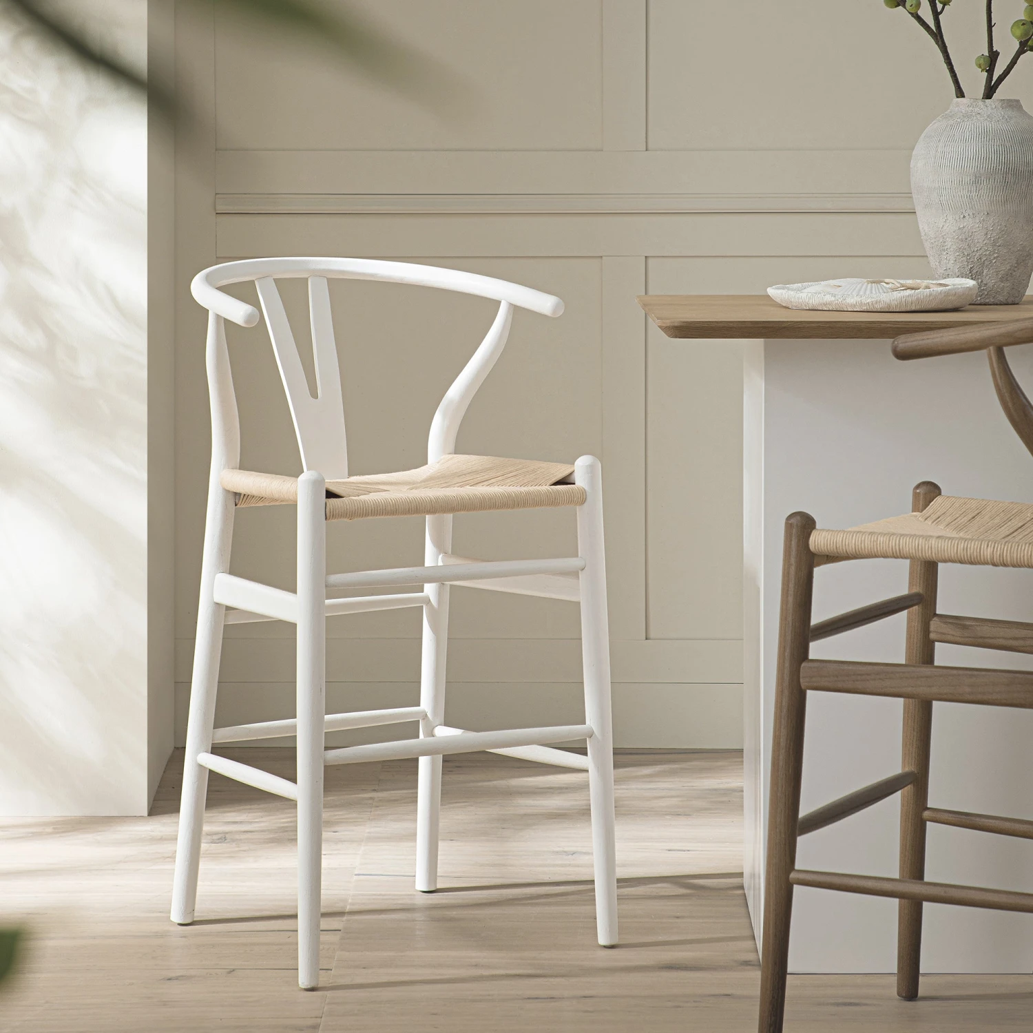 Hansel Wooden Natural Weave Counter Stool, White Frame 1 Hansel Wooden Natural Weave Counter Stool, White Frame