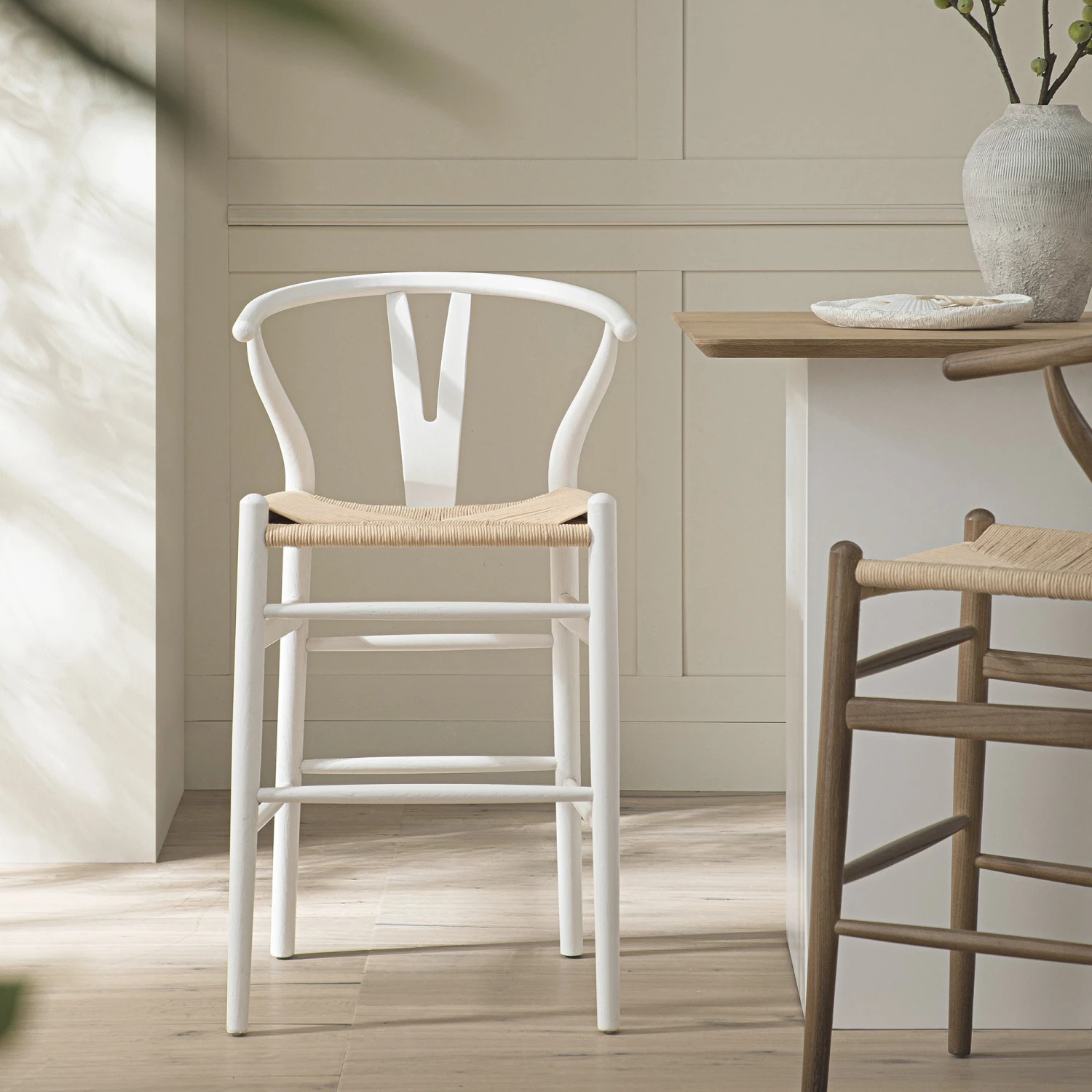 Hansel Wooden Natural Weave Counter Stool, White Frame 2 Hansel Wooden Natural Weave Counter Stool, White Frame - Image 2