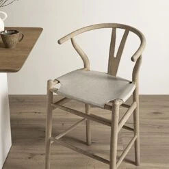 Hansel Weathered Elm Solid Wood Counter Stool with Light Grey Faux Leather Seat - Wishbone Style Y-Back Kitchen Island Stool 16 Hansel Weathered Elm Solid Wood Counter Stool with Light Grey Faux Leather Seat - Wishbone Style Y-Back Kitchen Island Stool -Daals Store XN R156 GREYPU scene2