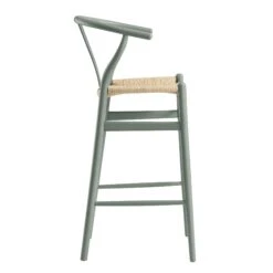 Hansel Sage Green Solid Elm Wood Bar Stool – Natural Weave Iconic Y-Back Design -Daals Store XN R161 SAGE WB3