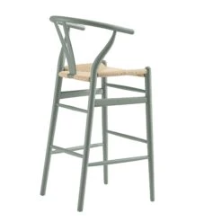 Hansel Sage Green Solid Elm Wood Bar Stool – Natural Weave Iconic Y-Back Design -Daals Store XN R161 SAGE WB4