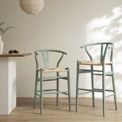 Hansel Wooden Natural Weave Bar Stool, Sage Green Frame
