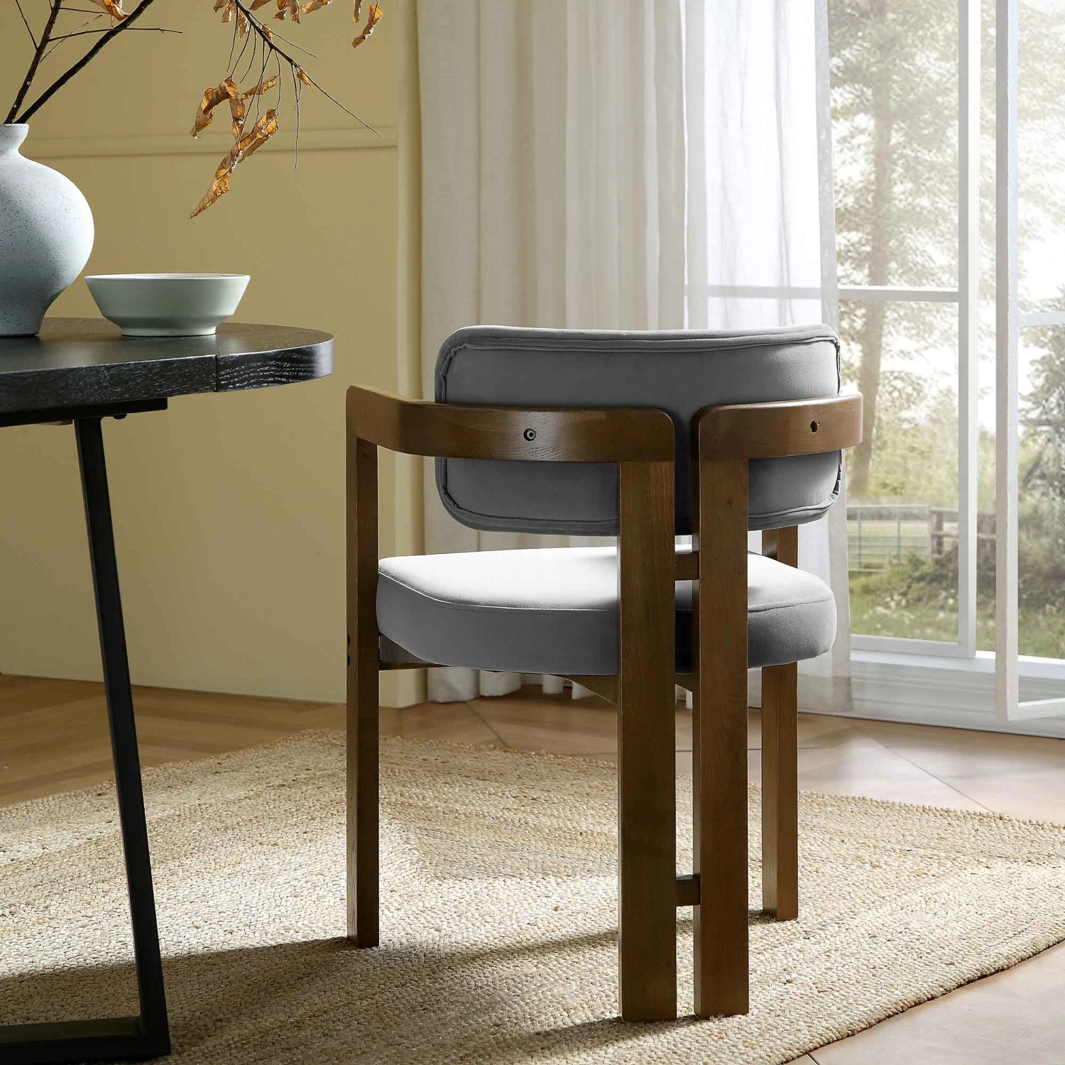 Stanford Curved Walnut Wood Frame Grey Velvet Chair 2 Stanford Curved Walnut Wood Frame Grey Velvet Chair - Image 2