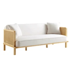 Pienza Cane Sofa Bed, Beige Woven Fabric With Natural Solid Oak Frame -Daals Store XNSF 760 BEIGEFAB NAT GIF