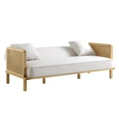 Pienza Cane Sofa Bed, Beige Woven Fabric With Natural Solid Oak Frame -Daals Store XNSF 760 BEIGEFAB NAT WB3