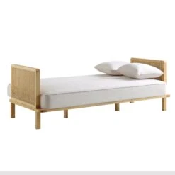 Pienza Cane Sofa Bed, Beige Woven Fabric With Natural Solid Oak Frame -Daals Store XNSF 760 BEIGEFAB NAT WB4