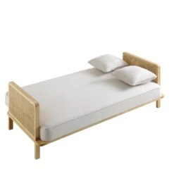 Pienza Cane Sofa Bed, Beige Woven Fabric With Natural Solid Oak Frame -Daals Store XNSF 760 BEIGEFAB NAT WB7