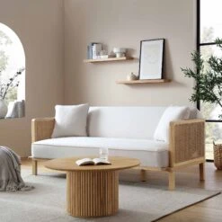 Pienza Cane Sofa Bed, Beige Woven Fabric With Natural Solid Oak Frame