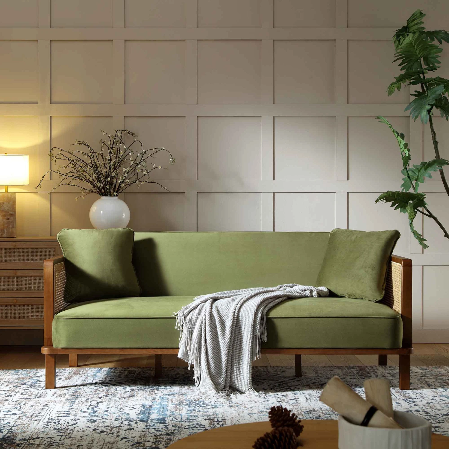 Pienza Cane Sofa Bed, Moss Green Velvet With Walnut Frame 2 Pienza Cane Sofa Bed, Moss Green Velvet With Walnut Frame - Image 2