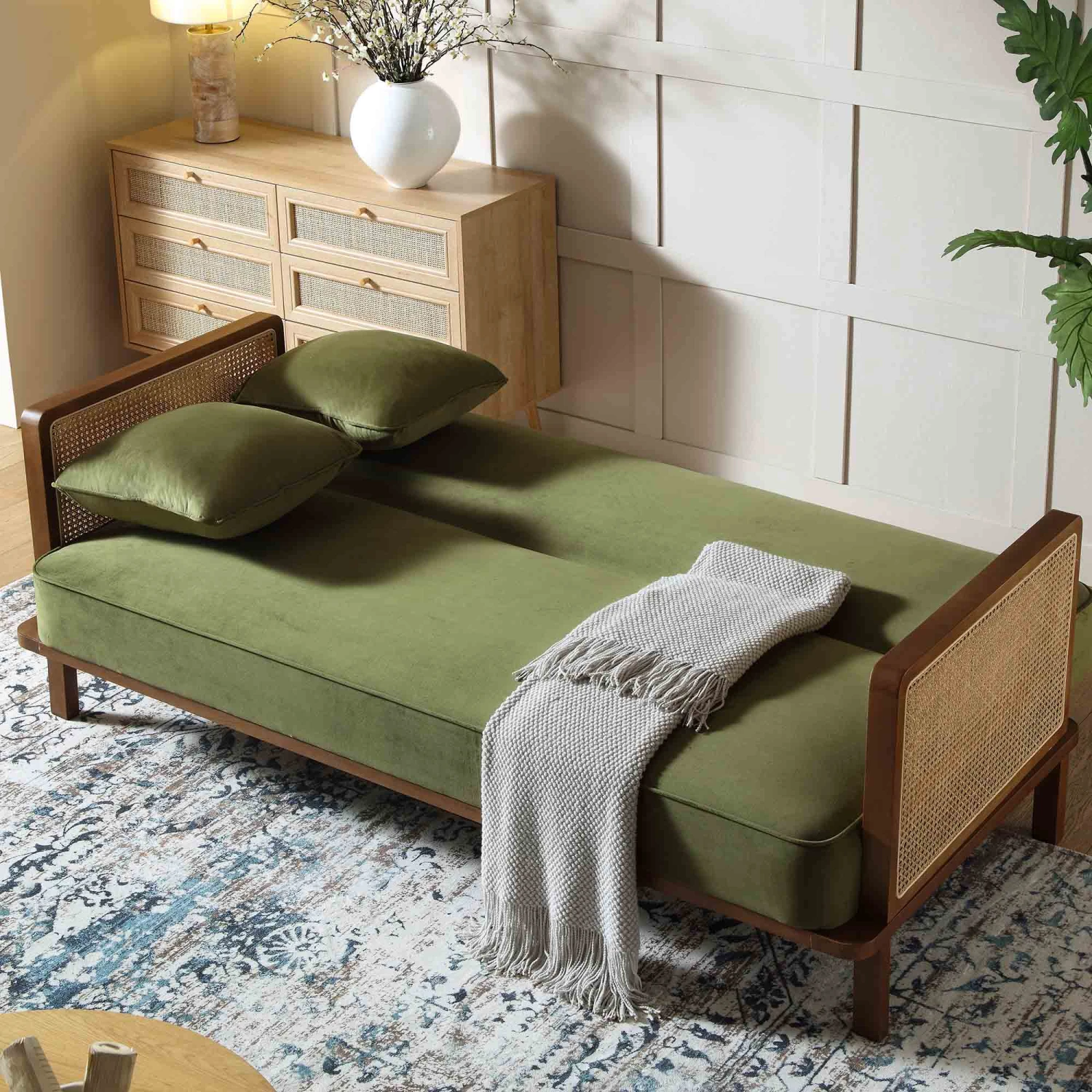 Pienza Cane Sofa Bed, Moss Green Velvet With Walnut Frame 3 Pienza Cane Sofa Bed, Moss Green Velvet With Walnut Frame - Image 3