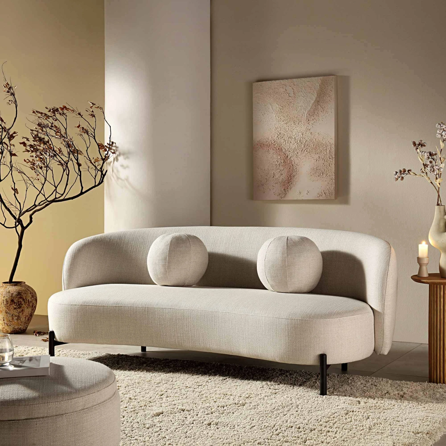 Amboise 3-Seater Curved Sofa With Ball Cushions, Beige Linen Blend 1 Amboise 3-Seater Curved Sofa With Ball Cushions, Beige Linen Blend