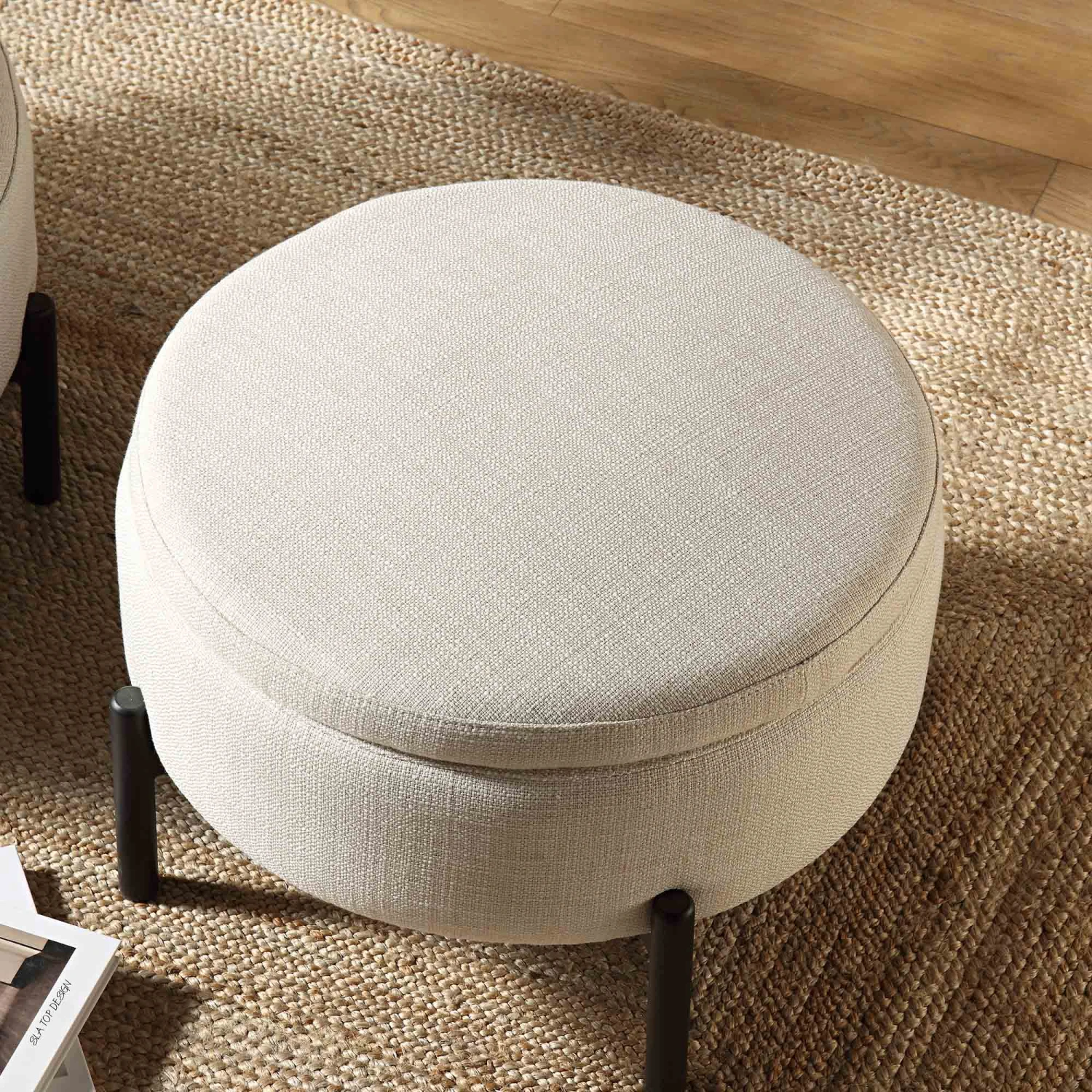 Amboise Round Storage Pouffe, Beige Linen Blend 2 Amboise Round Storage Pouffe, Beige Linen Blend - Image 2