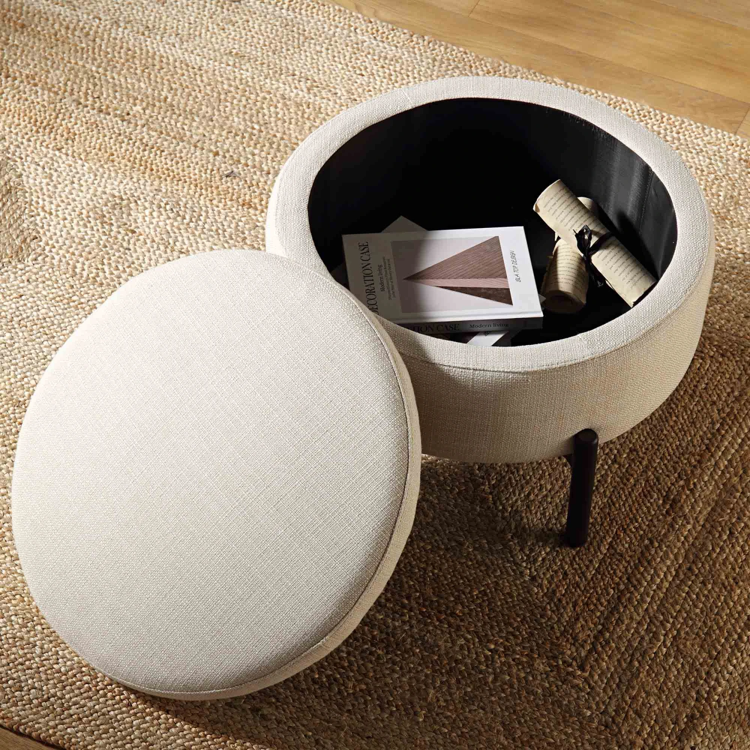 Amboise Round Storage Pouffe, Beige Linen Blend 3 Amboise Round Storage Pouffe, Beige Linen Blend - Image 3