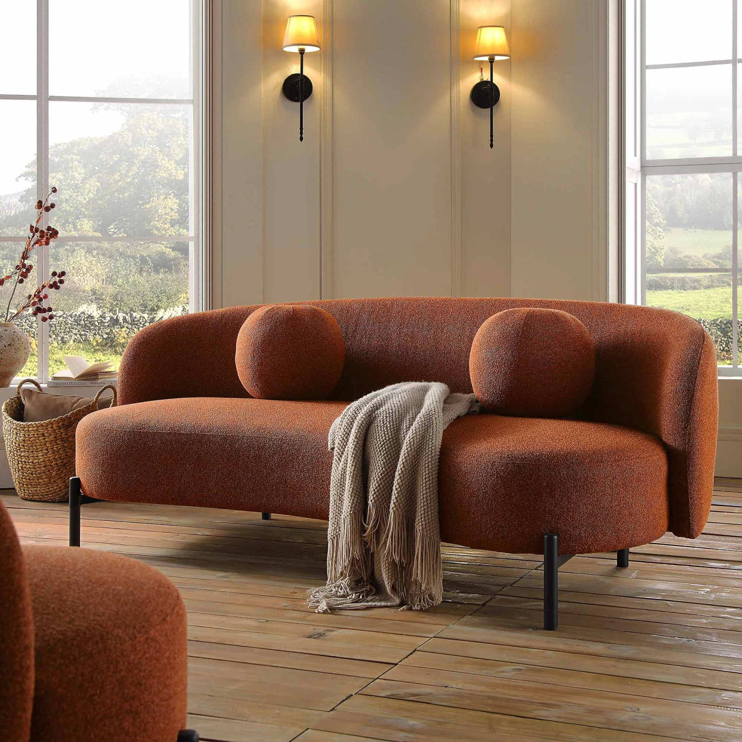 Amboise 3-Seater Curved Sofa With Ball Cushions, Brick Boucle 1 Amboise 3-Seater Curved Sofa With Ball Cushions, Brick Boucle