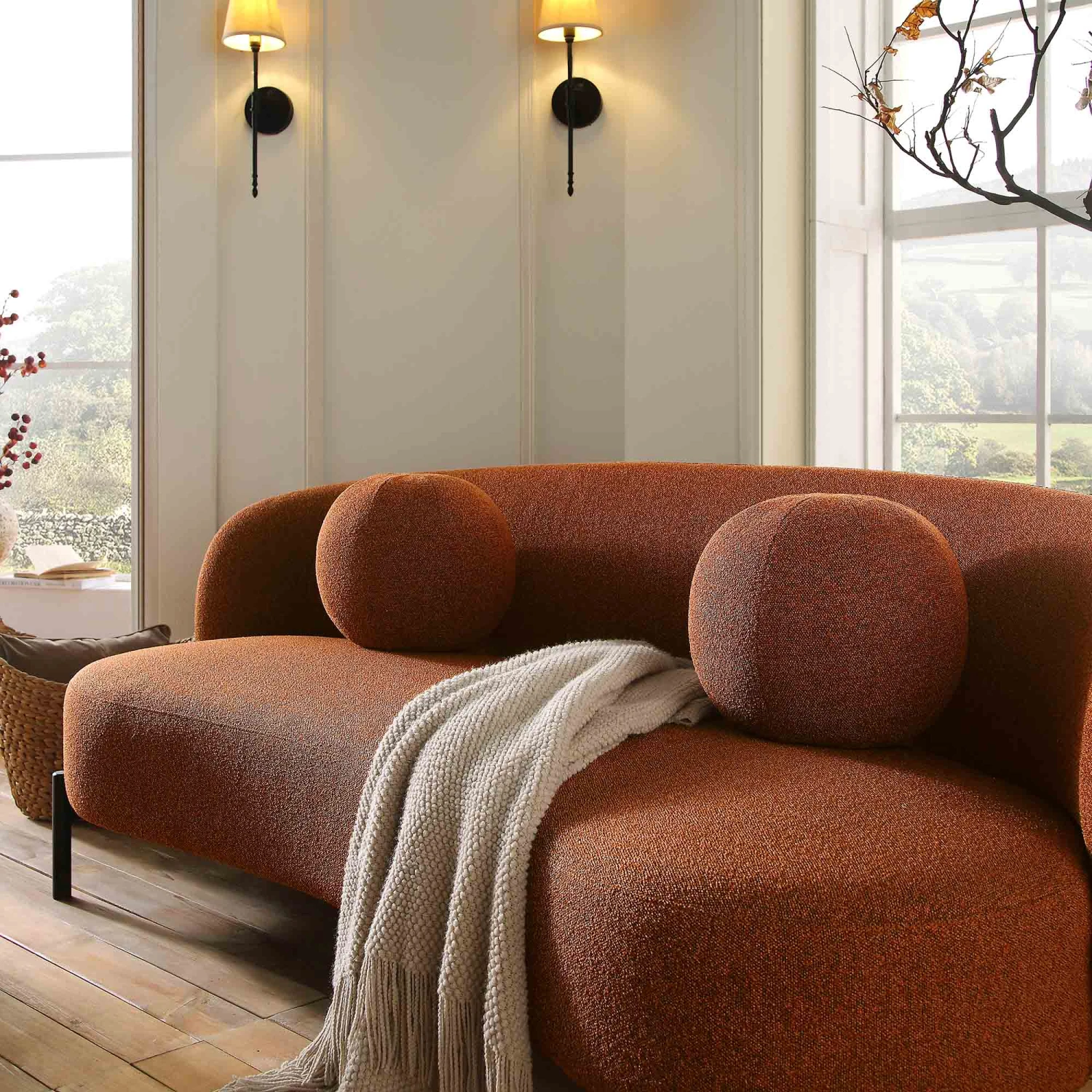 Amboise 3-Seater Curved Sofa With Ball Cushions, Brick Boucle 4 Amboise 3-Seater Curved Sofa With Ball Cushions, Brick Boucle - Image 4