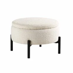 Amboise Round Storage Pouffe in Ecru Boucle – Versatile Ottoman Footstool with Black Metal Legs -Daals Store XRSF 2183 ERCU BOU STOOL WB1