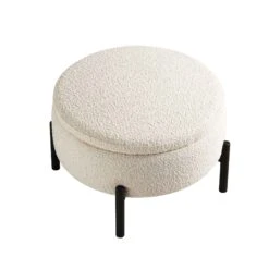 Amboise Round Storage Pouffe in Ecru Boucle – Versatile Ottoman Footstool with Black Metal Legs -Daals Store XRSF 2183 ERCU BOU STOOL WB2