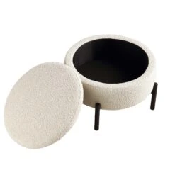 Amboise Round Storage Pouffe in Ecru Boucle – Versatile Ottoman Footstool with Black Metal Legs -Daals Store XRSF 2183 ERCU BOU STOOL WB3