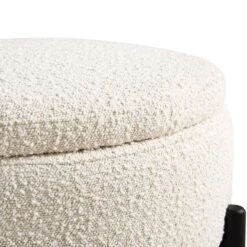 Amboise Round Storage Pouffe in Ecru Boucle – Versatile Ottoman Footstool with Black Metal Legs -Daals Store XRSF 2183 ERCU BOU STOOL detail1