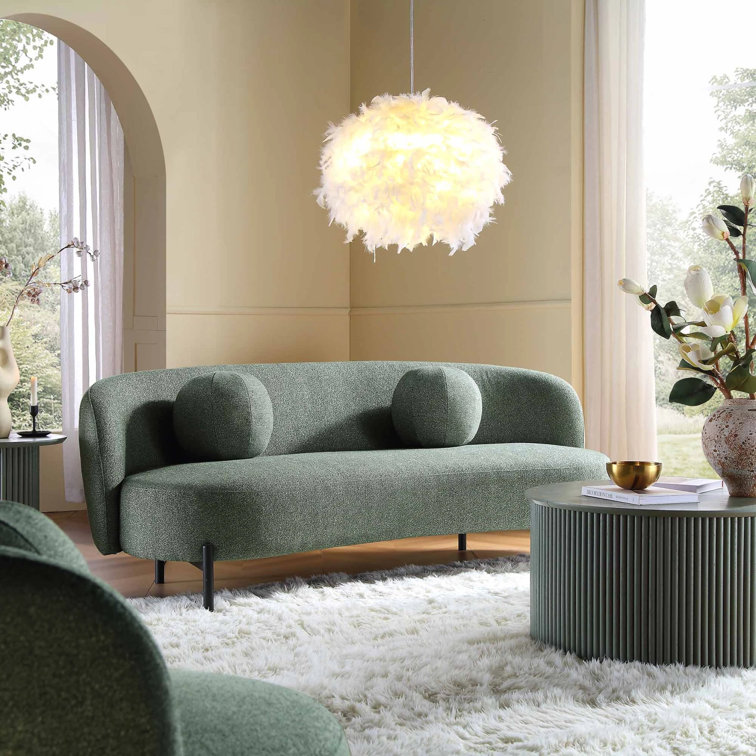Amboise 3-Seater Curved Sofa With Ball Cushions, Spruce Green Textured Fabric 1 Amboise 3-Seater Curved Sofa With Ball Cushions, Spruce Green Textured Fabric