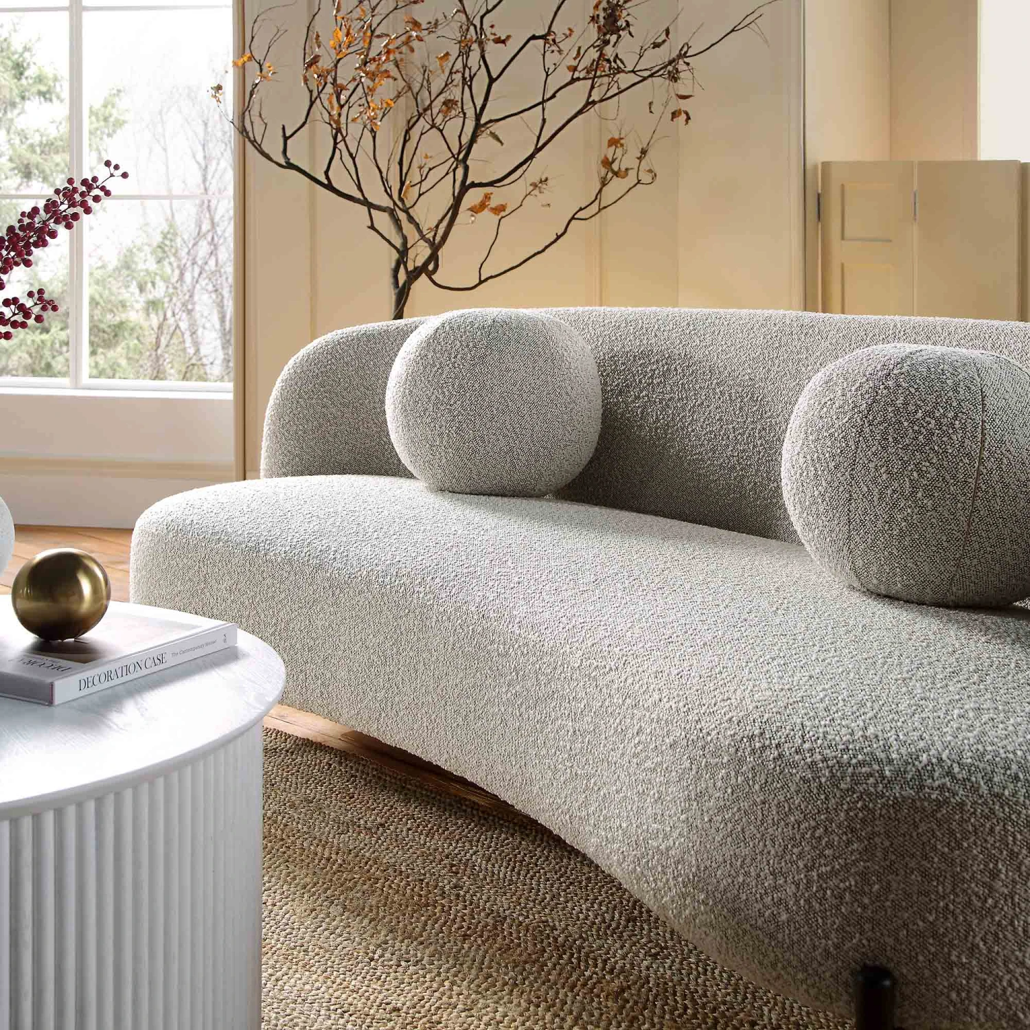 Amboise 3-Seater Curved Sofa With Ball Cushions, Mist Grey Boucle 4 Amboise 3-Seater Curved Sofa With Ball Cushions, Mist Grey Boucle - Image 4