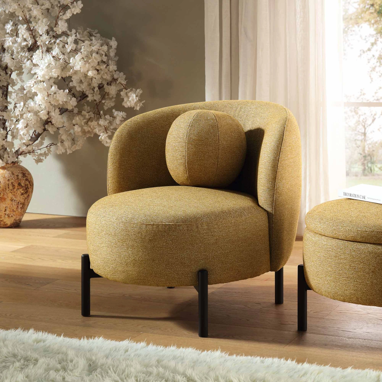 Amboise Armchair With Ball Cushion, Marigold Textured Fabric 1 Amboise Armchair With Ball Cushion, Marigold Textured Fabric