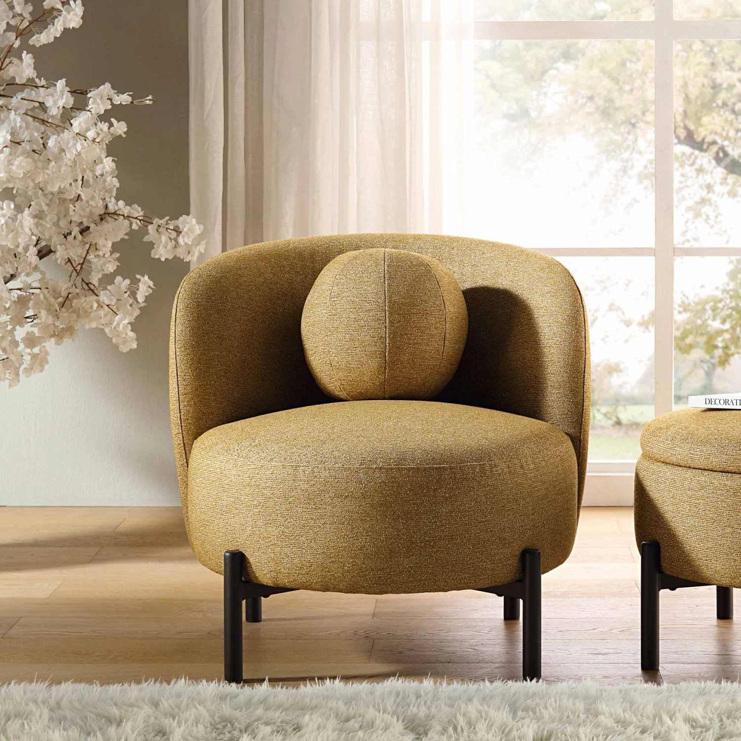 Amboise Armchair With Ball Cushion, Marigold Textured Fabric 2 Amboise Armchair With Ball Cushion, Marigold Textured Fabric - Image 2