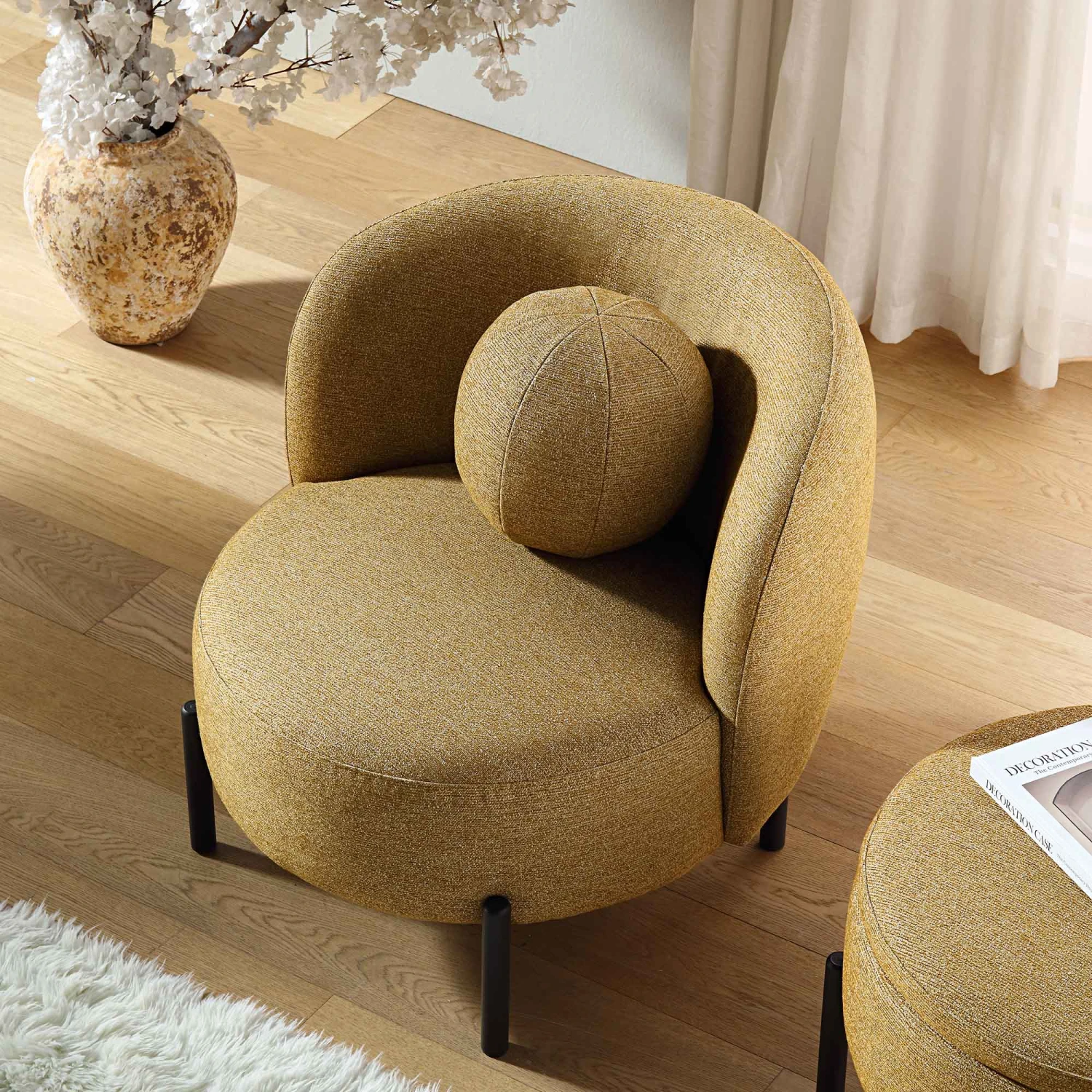 Amboise Armchair With Ball Cushion, Marigold Textured Fabric 3 Amboise Armchair With Ball Cushion, Marigold Textured Fabric - Image 3