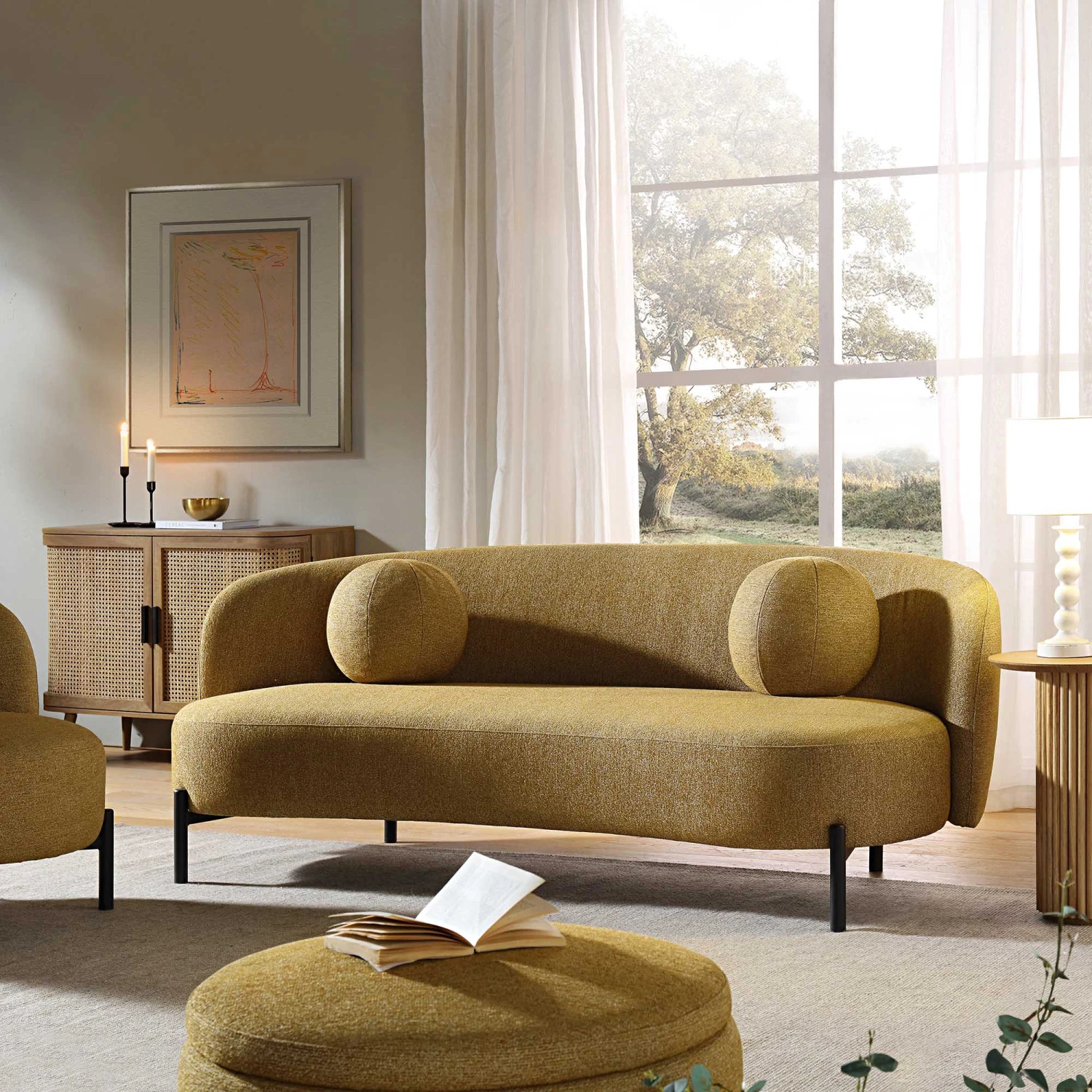 Amboise 3-Seater Curved Sofa With Ball Cushions, Marigold Textured Fabric 1 Amboise 3-Seater Curved Sofa With Ball Cushions, Marigold Textured Fabric