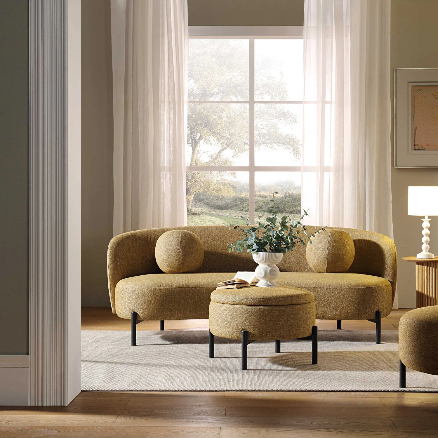 Amboise 3-Seater Curved Sofa With Ball Cushions, Marigold Textured Fabric 2 Amboise 3-Seater Curved Sofa With Ball Cushions, Marigold Textured Fabric - Image 2