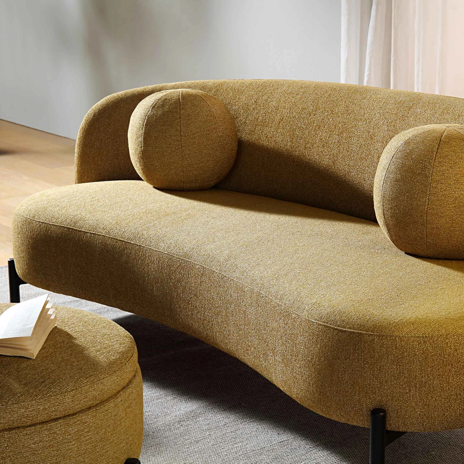 Amboise 3-Seater Curved Sofa With Ball Cushions, Marigold Textured Fabric 3 Amboise 3-Seater Curved Sofa With Ball Cushions, Marigold Textured Fabric - Image 3