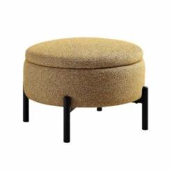 Amboise Marigold Yellow Textured Bouclé Round Storage Pouffe – Minimalist Black Metal Leg Footrest -Daals Store XRSF 2183 YELLOW BOU STOOL WB1