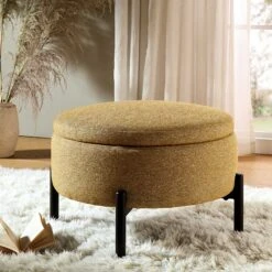 Amboise Marigold Yellow Textured Bouclé Round Storage Pouffe – Minimalist Black Metal Leg Footrest